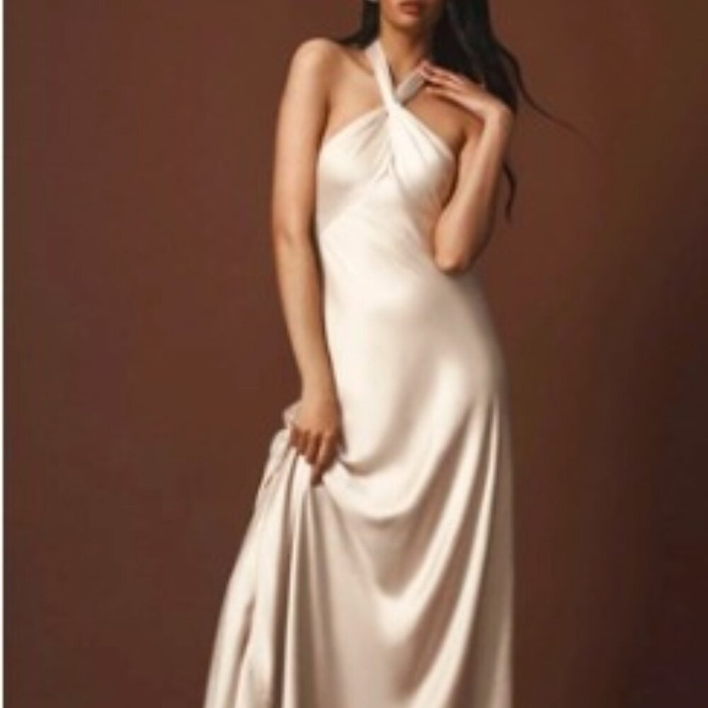 🌙 Anthropologie Halter Satin Maxi Dress – Noir Glam Luxe 🖤
